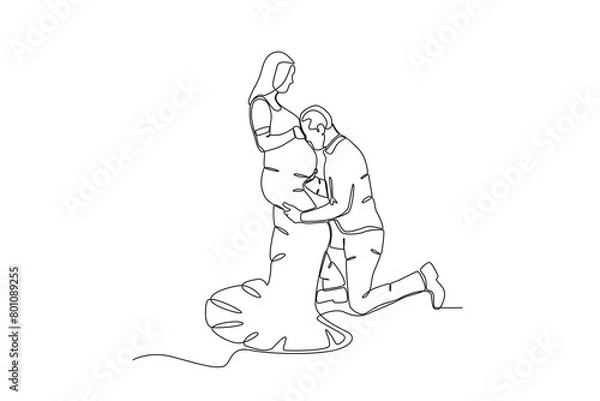 Fototapeta Continuous single line drawing of a HHusband kissing pregnant wife. concept of a family newly married and given a child, illustration of the popular single line drawing, concept of single line design.