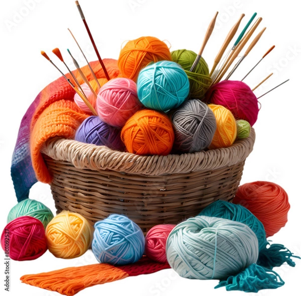 Obraz A basket overflowing with colorful yarn balls with a finished scarf peeking out. 