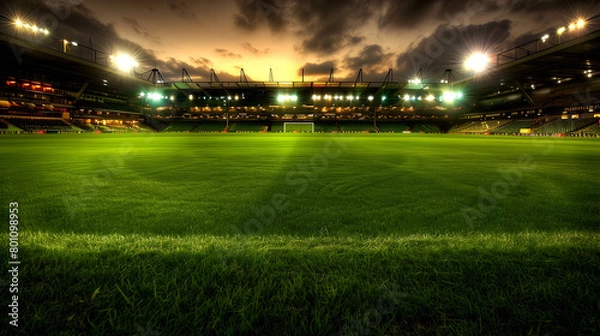 Fototapeta Grass ground of football stadium at night, shallow depth of field