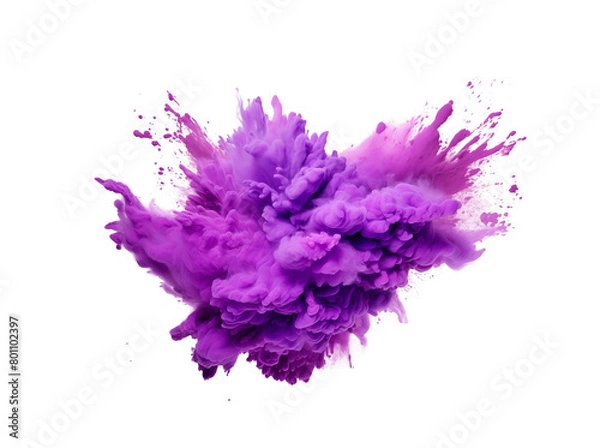 Fototapeta A burst of purple ink cloud erupts in the air, forming an abstract flower shape with dynamic droplets on a pure white background. Generative AI