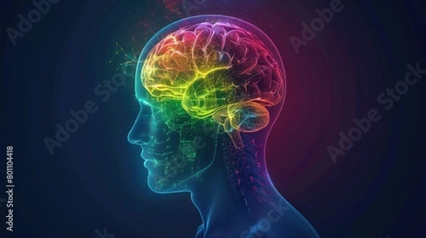 Fototapeta Exploring human mind's emotion, intellect, creativity through glowing brain in silhouette