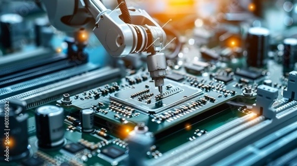 Obraz Close-up of a modern manipulator robot in a modern high-tech electronics factory. Manufacturing and Installation of components on an automated PCB assembly line