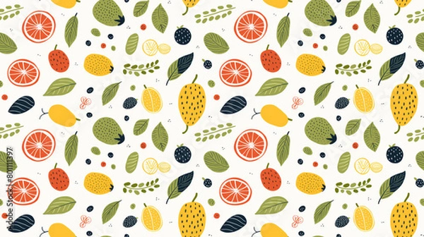 Fototapeta A seamless pattern of hand-drawn fruits and leaves.