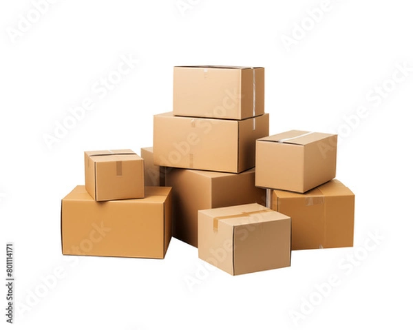 Fototapeta stacked cardboard boxes on a plain transparent background, symbolizing logistics and packaging. Generative AI