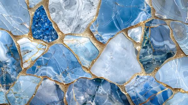 Fototapeta  blue marble agate granite mosaic with golden veins Mosaic marble background. Generative AI.