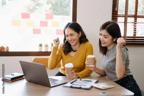 Fototapeta Happy businesspeople while collaborating on a new project in an office. businesspeople using a laptop