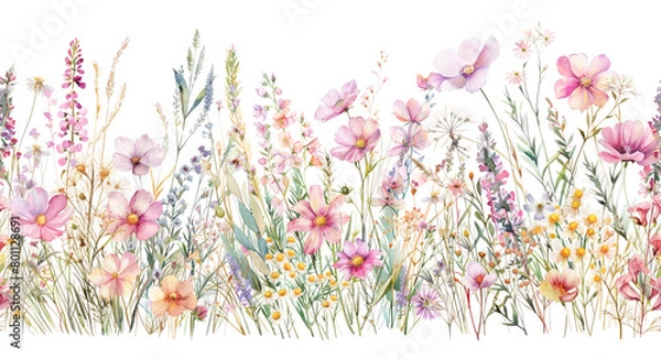 Obraz Colorful watercolor wildflower panoramic border. Seamless file.