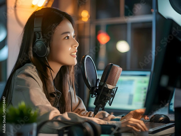 Fototapeta beautiful korean female podcaster with headphones in home studio with microphone, audio podcast, radio interview concept