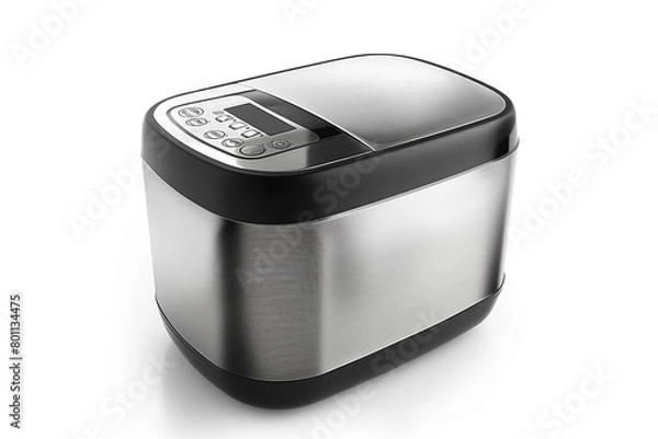 Fototapeta A sleek stainless steel bread maker with a digital control panel isolated on a solid white background.