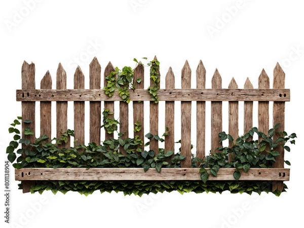 Fototapeta Rustic weathered wooden picket fence covered with ivy and foliage on a transparent background. Old overgrown wooden fence PNG.