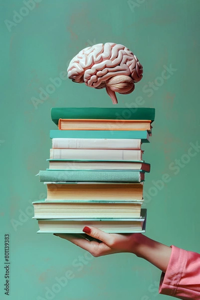 Fototapeta Human brain and books on green background. Education and learning concept.