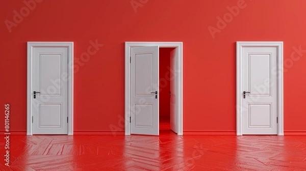 Obraz A Series of White Doors on a Colored Wall with a Reflective Floor in the Foreground Representing Choice and Future Opportunity