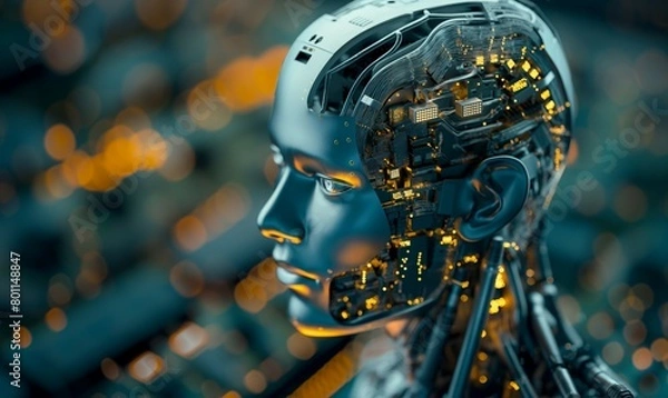 Fototapeta Futuristic Robot Analyzing Digital Data Streams

