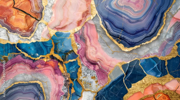 Fototapeta wallpaper, minimalist geometric pattern, modern mosaic inlay, texture of bright multicolored marble agate and gold marble background. Generative AI.