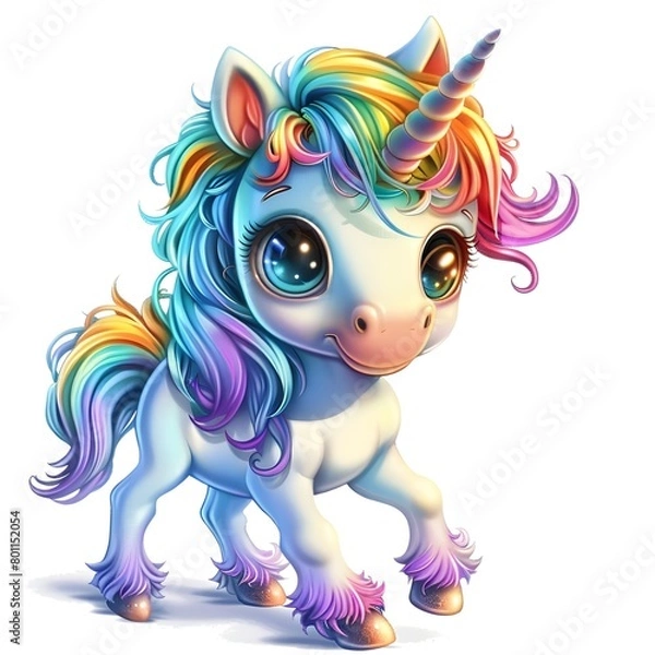 Fototapeta Cartoon unicorn with colourful mane and big eyes generative ai
