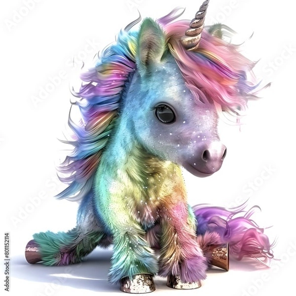 Fototapeta Unicorn with rainbow mane and flowers and butterflies generative ai
