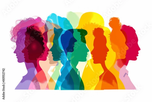 Fototapeta Group of silhouette heads in different colorful colors as a team.