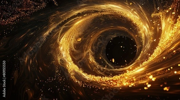 Fototapeta A black hole with golden accretion disks spiraling into darkness, capturing the tension between luminous gold particles and the impenetrable black center.