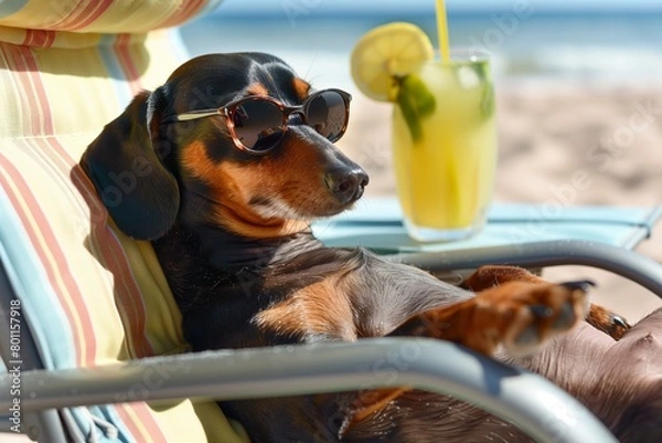 Obraz Dachshund dog with sunglasses is drinking lemonade, on the beach, beach lounger.
