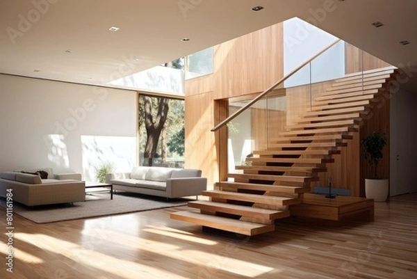 Fototapeta A richly furnished living room with an elegant staircase in a luxury wooden home setting. Generative AI