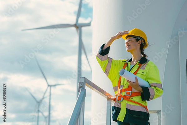 Obraz female engineer working outdoor with safety at wind turbines clean energy power station background, worker people with renewable energy technology for future concept.