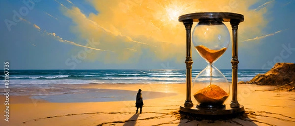Fototapeta A hobo walks on a sunny beach next to a huge hourglass. Painting.