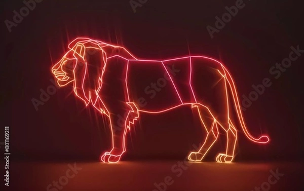 Fototapeta Simple line lion silhouette. 3D Rendering. Very beautiful fluorescent bulb lighting