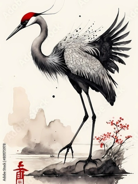 Fototapeta Shuimo hua,black and red ink, a crane in chinese style generative AI illustration