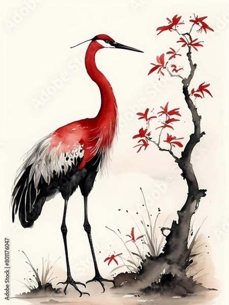 Fototapeta Shuimo hua,black and red ink, a crane in chinese style generative AI illustration