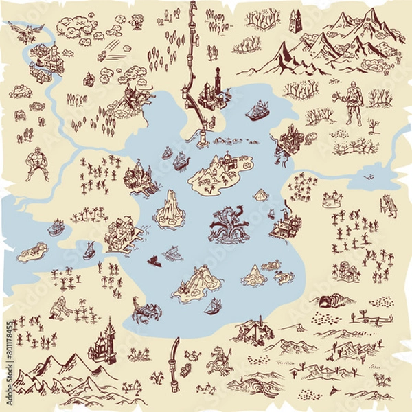 Obraz Hand drawn simple icon fantasy kingdoms map elements