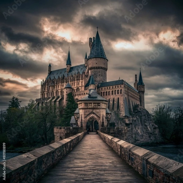 Fototapeta A castle with a bridge on a hill with a cloudy sky in the background