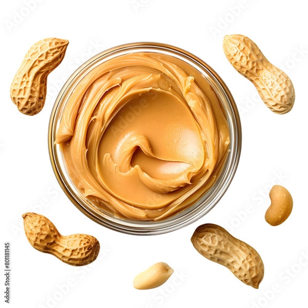 Fototapeta Creamy peanut butter in glass bowl and peanut isolated on transparent background Generative Ai.