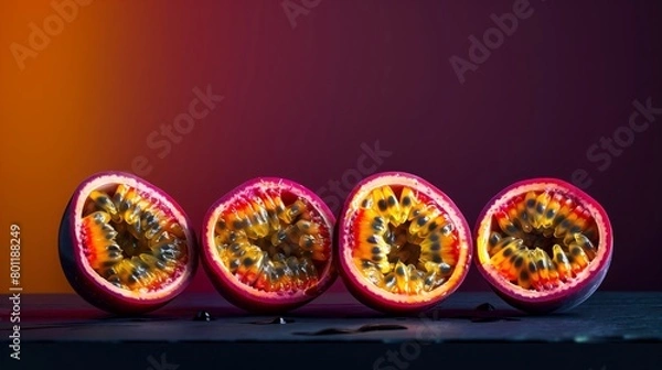 Fototapeta Halved passion fruits with their vibrant orange pulp and black seeds on gradient background