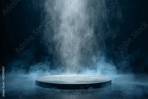 Fototapeta The empty wooden cylinder shape of product display Podium, Stand for showing or design blank backdrop dark abstract wall with smoke float up. Platform illuminated by spotlights. generative ai