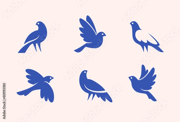 Fototapeta Abstract bird icon set num.2. Cute small sparrow or pigeon logo, bird vector silhouette.