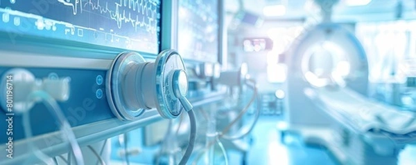 Fototapeta A hospital room with a monitor on the wall. The room is clean and bright, with a blue color scheme. The monitor shows a heart rate, and there are several wires and tubes connected to it