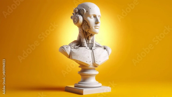 Fototapeta Sculpture of robot head w headphones on yellow background