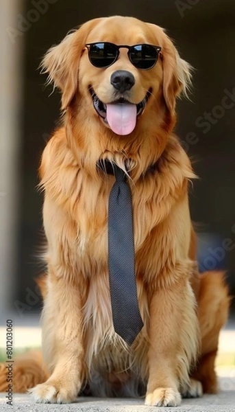 Fototapeta Stylish dog in sunglasses and suit with tie on blurred background, copy space available