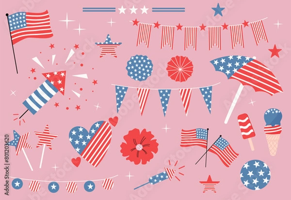 Fototapeta Handdrawn set for 4th of July. Vector design of American flag, fireworks, garlands, stars for Independence day.