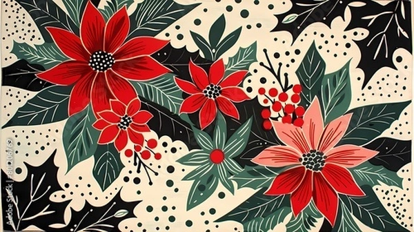 Fototapeta Retro red and green flowers plant pattern illustration poster background