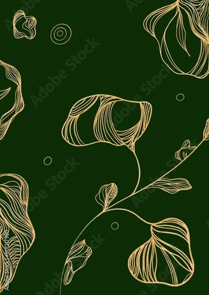 Fototapeta Flower abstraction made from gold lines on black background 