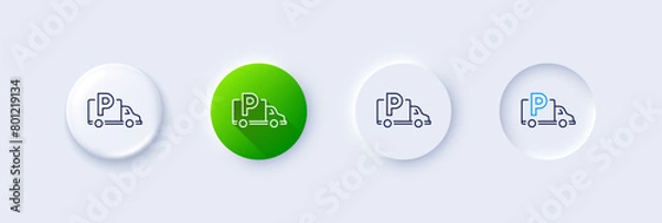 Fototapeta Truck parking line icon. Neumorphic, Green gradient, 3d pin buttons. Car park sign. Transport place symbol. Line icons. Neumorphic buttons with outline signs. Vector