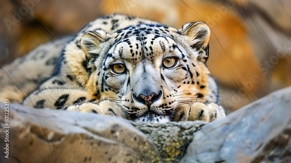 Fototapeta Close up of a snow leopard lying on rocks looking at the camera