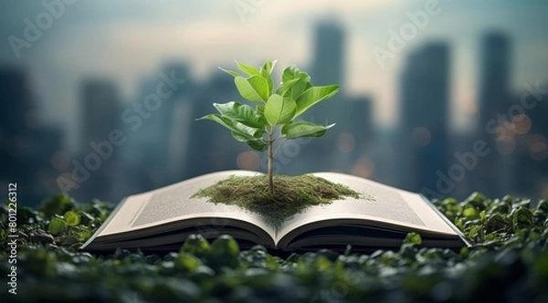 Fototapeta a tree is growing out of an open book, book with green plant, concept ecology book, book, open, education, tree, paper, literature, page, nature, knowledge
