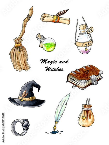 Obraz Witch and magic colorful hand drawn icons