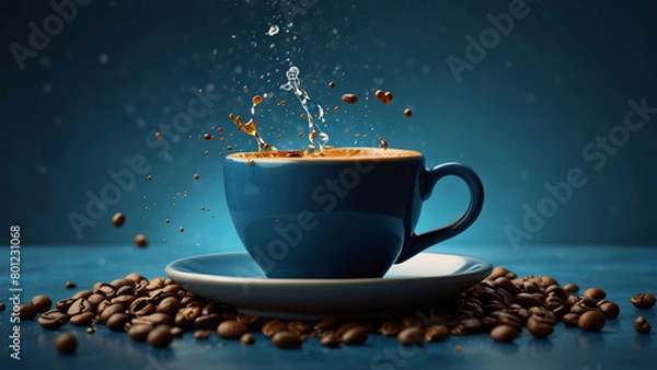 Fototapeta Cup of coffee splashing on a blue background. Empty space, place for text.
