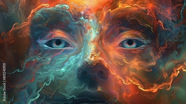 Fototapeta A mesmerizing digital artwork depicting an ethereal cosmic entity with a face formed by flowing colors and textures, representing the fifth dimension and auras