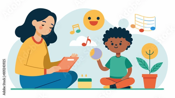 Fototapeta In a music therapy session for children with sensory processing disorder the the creates a multisensory experience with different textures smells and. Vector illustration