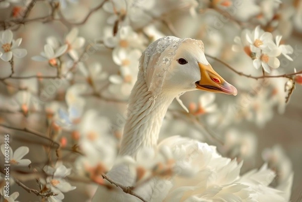 Fototapeta goose in a bonnet, spring flowers, bokeh with copy space for mother goose day