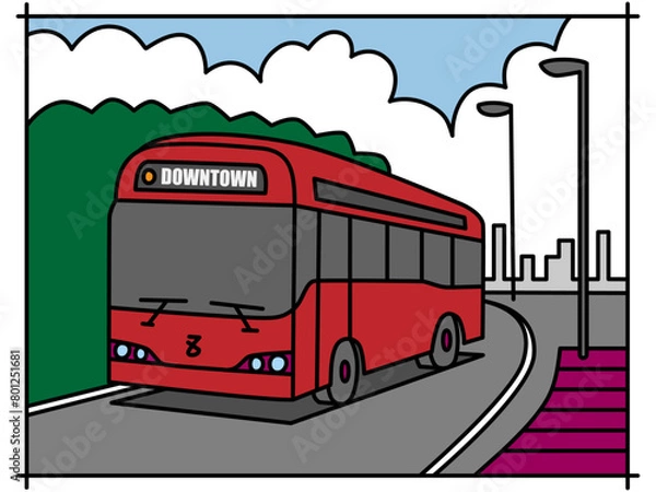 Obraz 都市部から郊外に向けて走り出す赤いバス